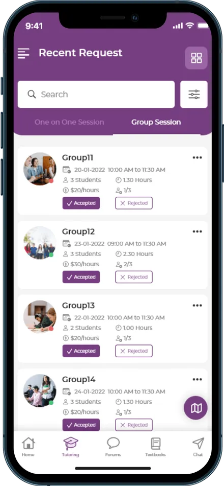 BusyHen group session request list with accept and reject controls