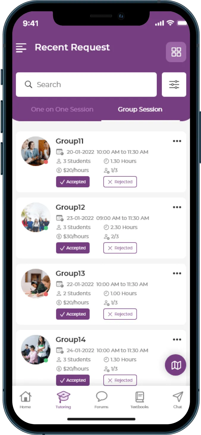 BusyHen Recent Request screen for group sessions with accept and reject actions, date, time, students, duration, and price