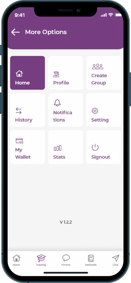 BusyHen More Options menu highlighting My Wallet alongside Profile, Create Group, History, Notifications, Settings, and Stats