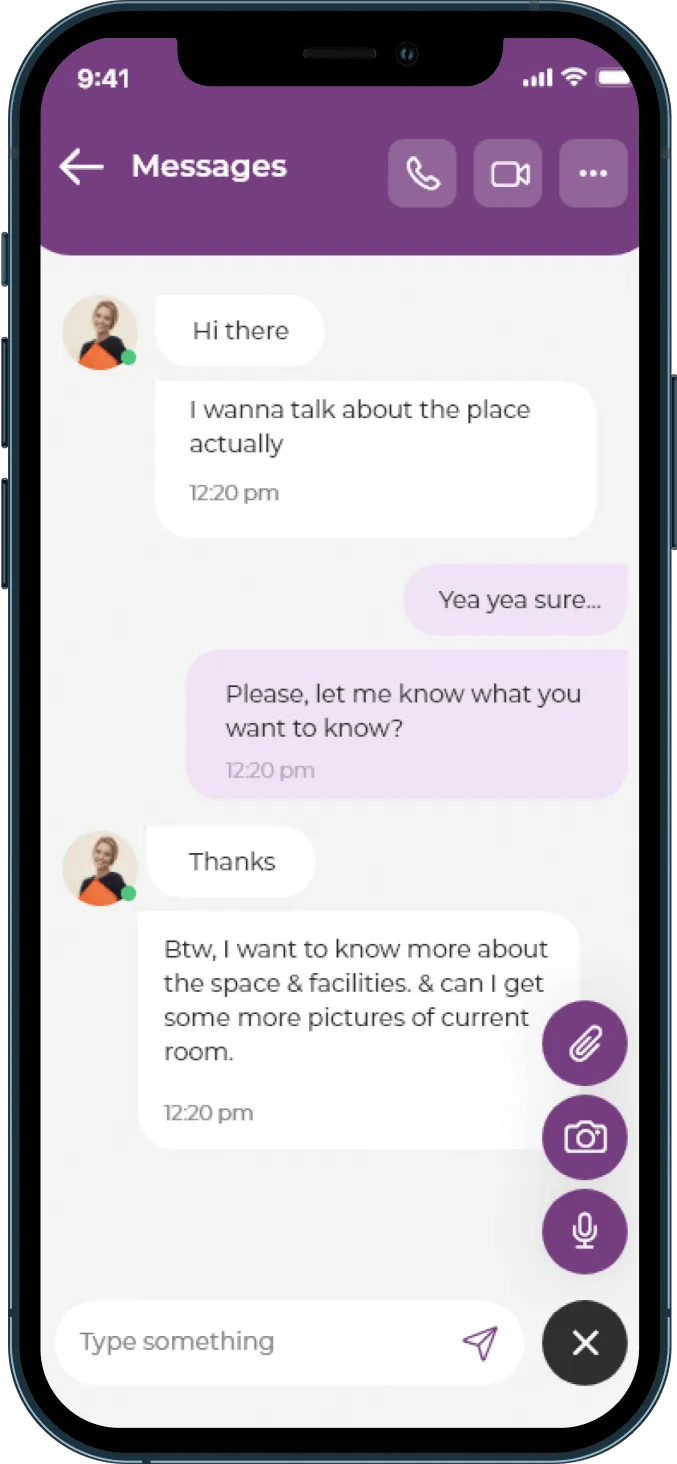 BusyHen Messages screen with voice call, video call, attachments, camera, and microphone controls
