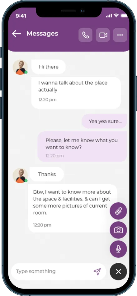BusyHen Messages thread with attachments, camera, microphone, and video call controls in the header