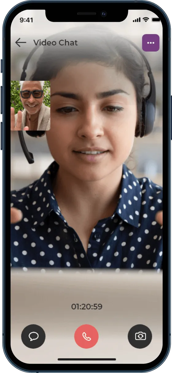 BusyHen in-app Video Chat session with main camera feed, picture-in-picture participant, session timer, chat control, and end-call button