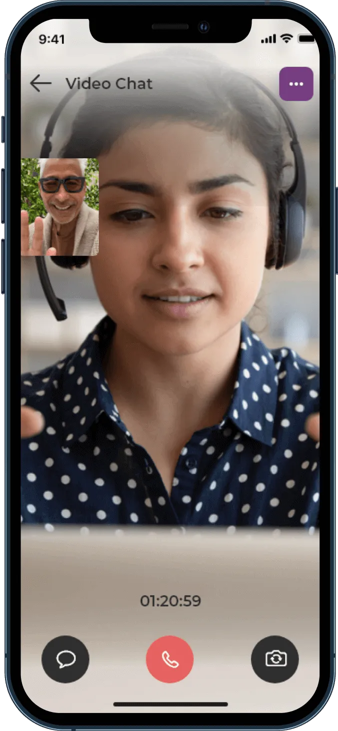 BusyHen in-app Video Chat session with main camera feed, picture-in-picture participant, session timer, chat control, and end-call button