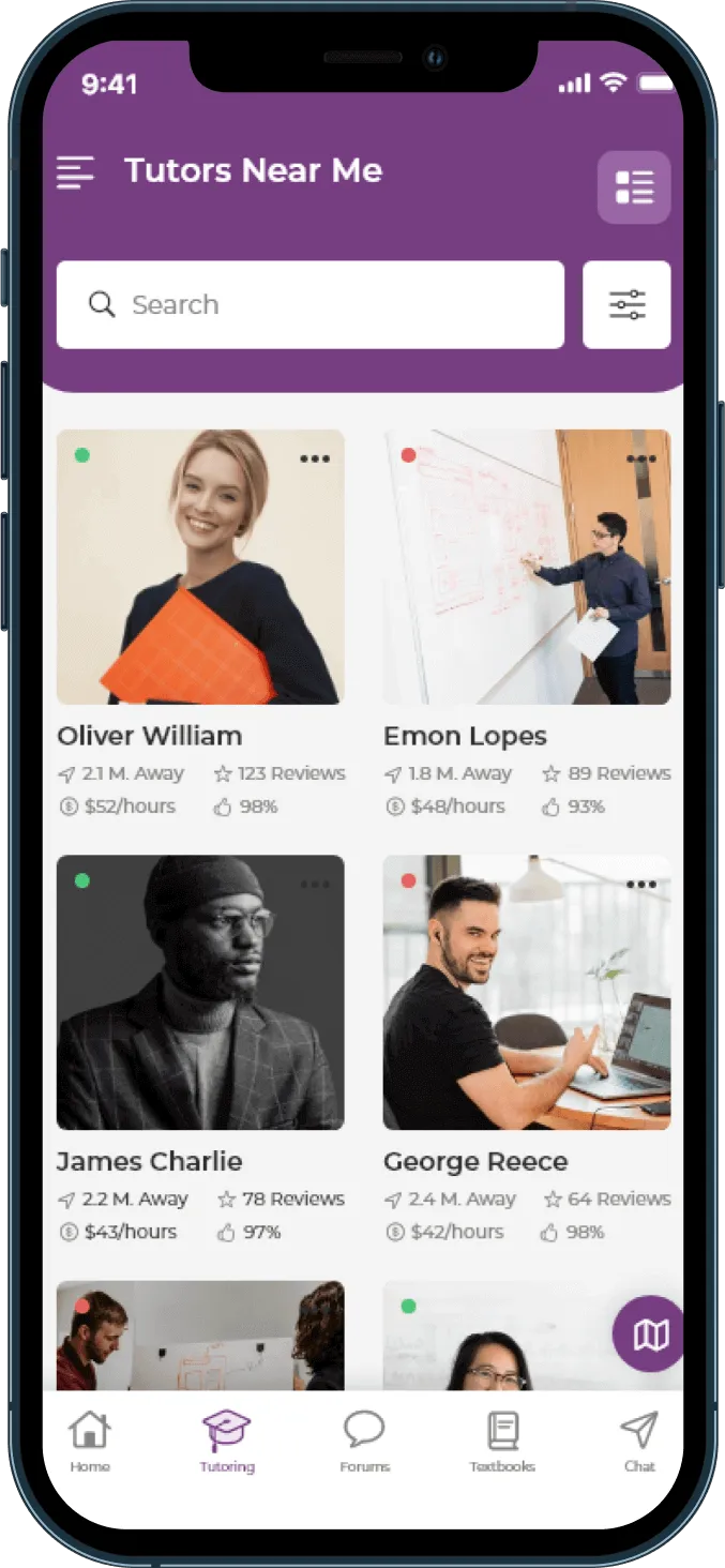 BusyHen Tutors Near Me screen showing a searchable grid of tutor profiles with ratings, distance, and hourly rates