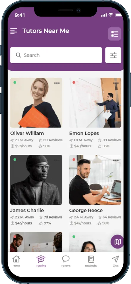 BusyHen Tutors Near Me screen showing a searchable grid of tutor profiles with ratings, distance, and hourly rates