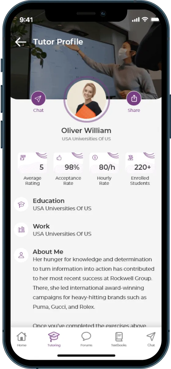 BusyHen tutor profile showing average rating, acceptance rate, hourly rate, enrolled students, education, and about section