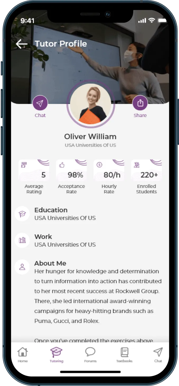 BusyHen tutor profile showing average rating, acceptance rate, hourly rate, enrolled students, education, and about section