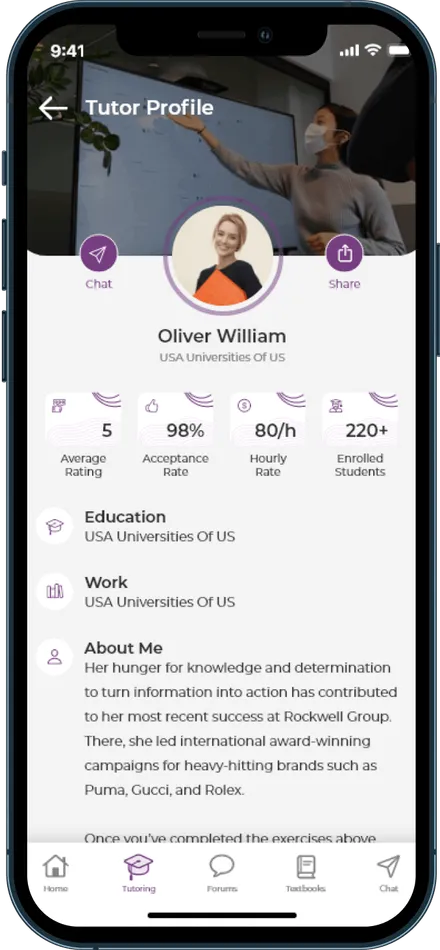 BusyHen tutor profile showing average rating, acceptance rate, hourly rate, enrolled students, education, and about section