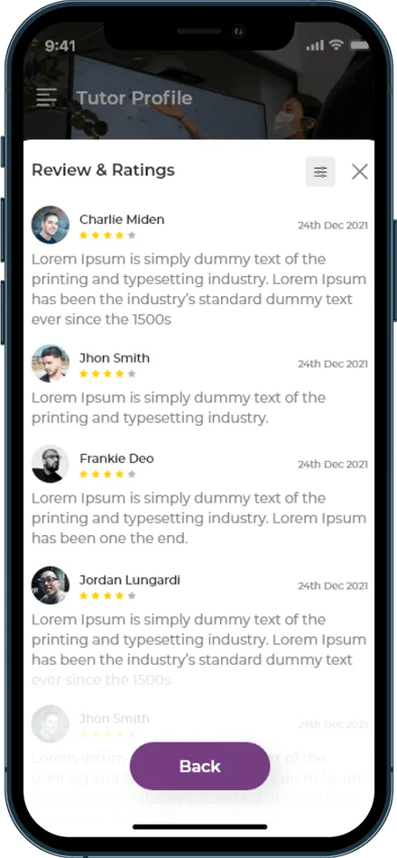 BusyHen Review and Ratings modal on a tutor profile with student star ratings